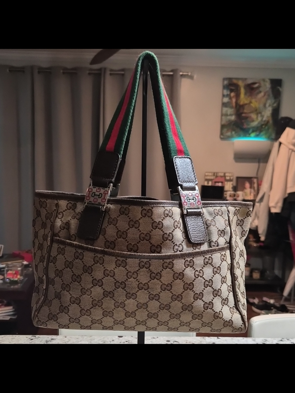 Authentic Gucci GG Canvas Web Shoulder Bag Brown Red Green Strap Monogram